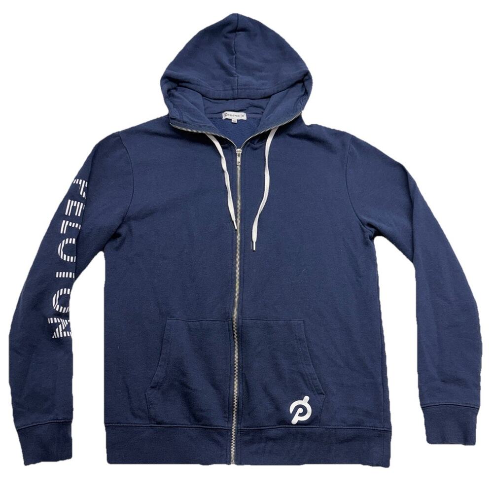 Peloton Hoodie Full Zip Medium Navy Blue Sweatshirt Logo Blue Spellout Sleeve
